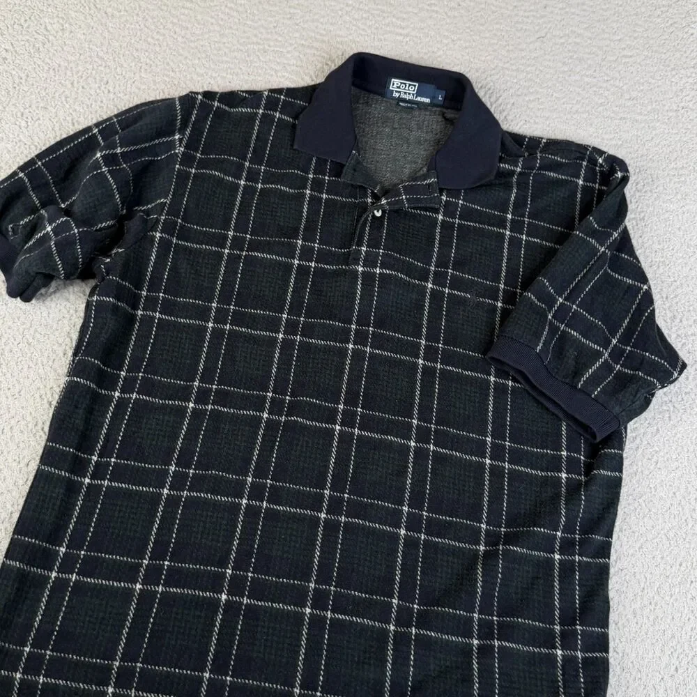 POLO RALPH LAUREN Polo Shirt Mens Large Blue Green Tartan Plaid Short Sleeve VTG